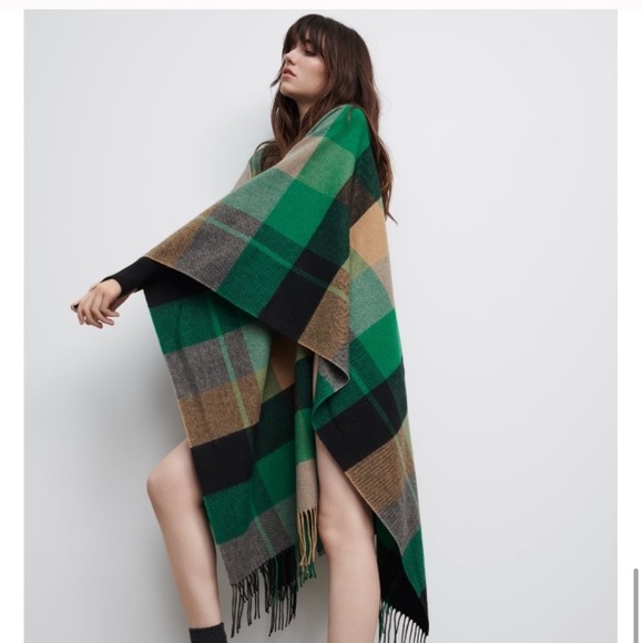 Zara Plaid Cape Kelly green wool Sold Out - Picture 1 of 6